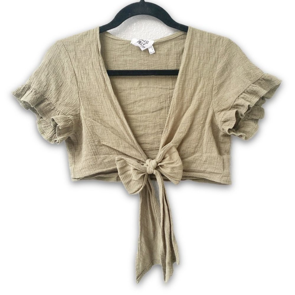 Princess Polly - Army Green, Light Front Tie, Crop Top, 100% Cotton, Size 6